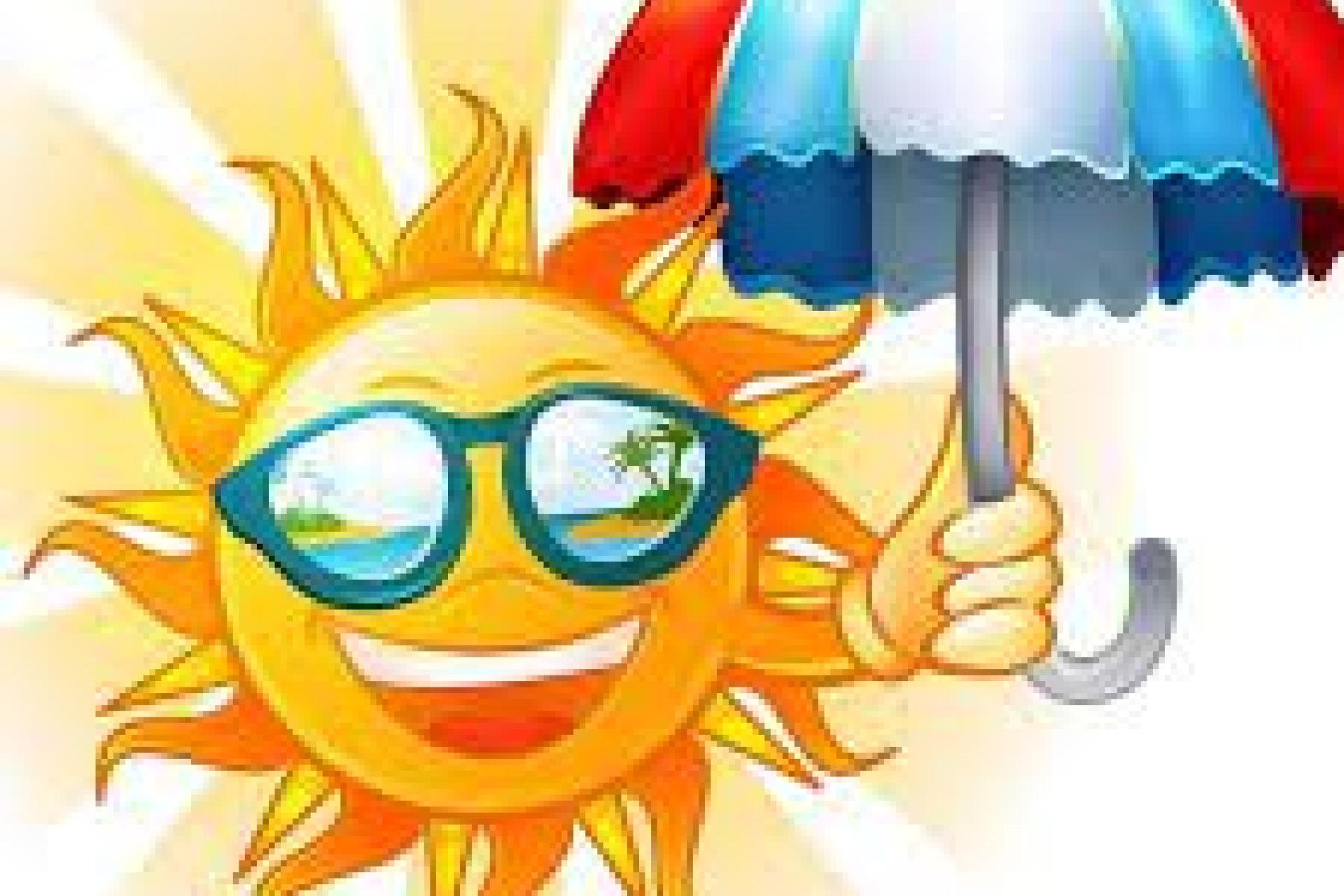 illustratie van een zon met zonnebril met in zijn hand een paraplu