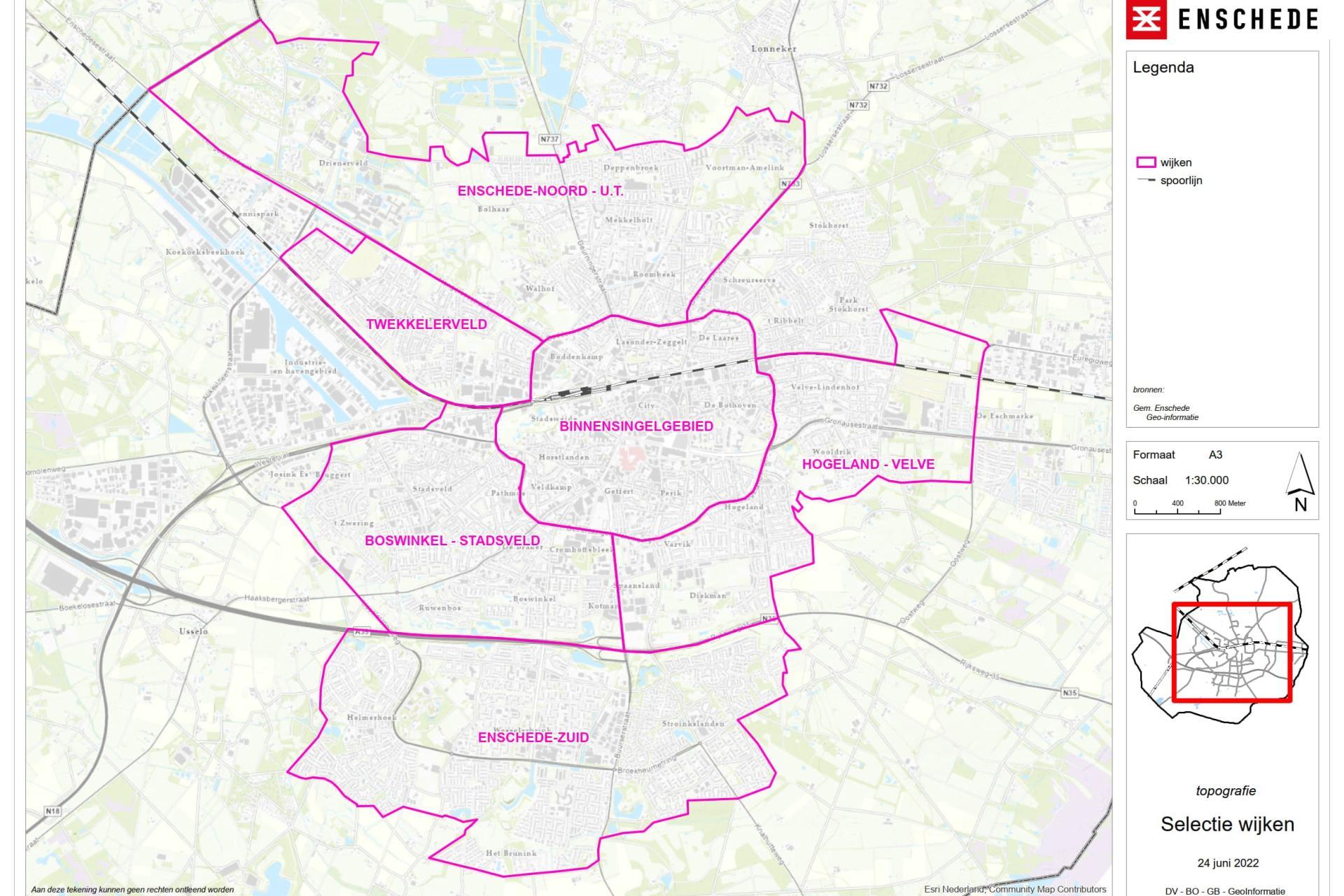 Kaart met daarop de indeling van Enschede in wijken volgens het CBS