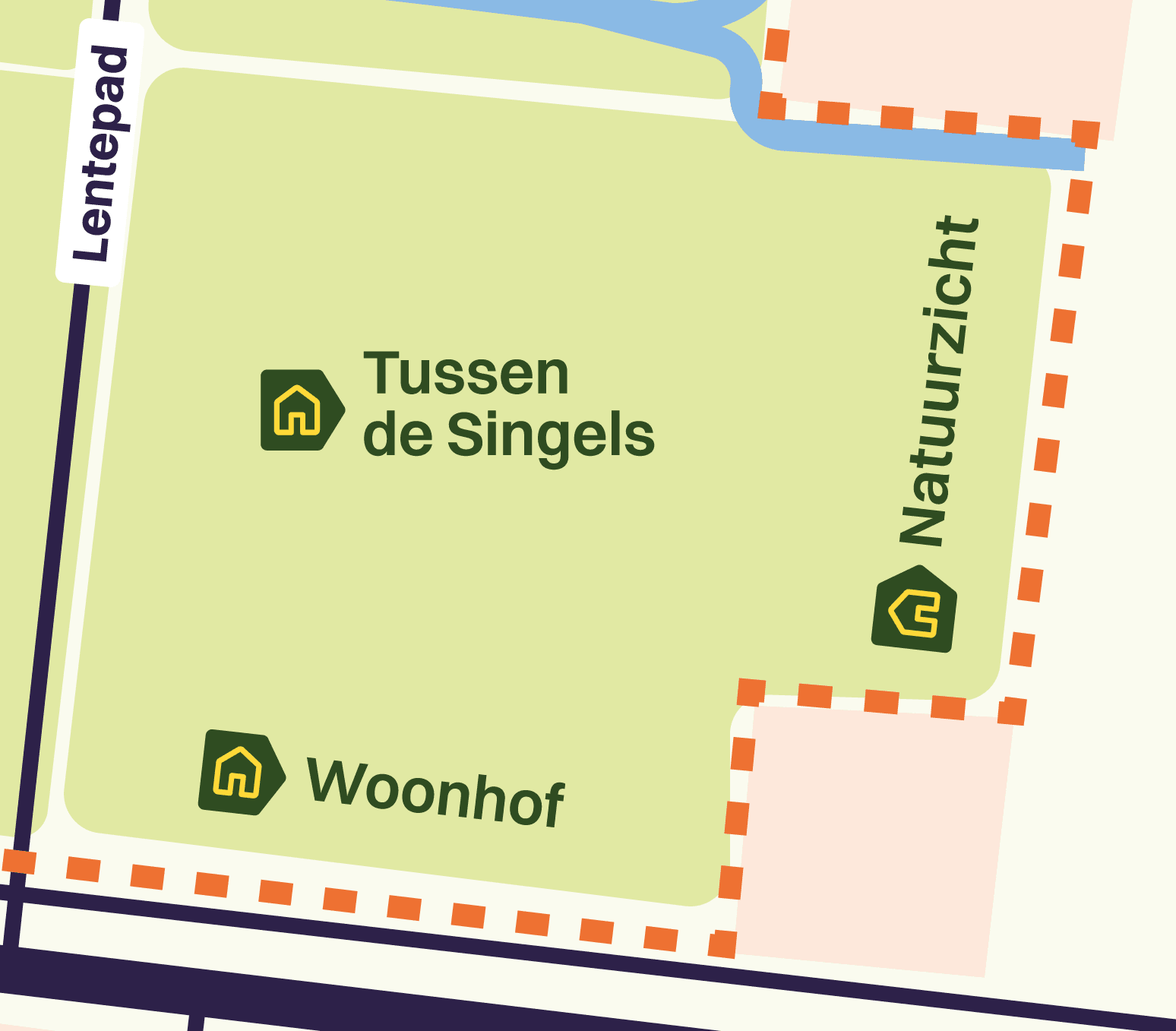 Buurt Tussen de Singels in de nieuwe wijk Eschmarkerveld. Met Natuurzicht en het Woonhof.