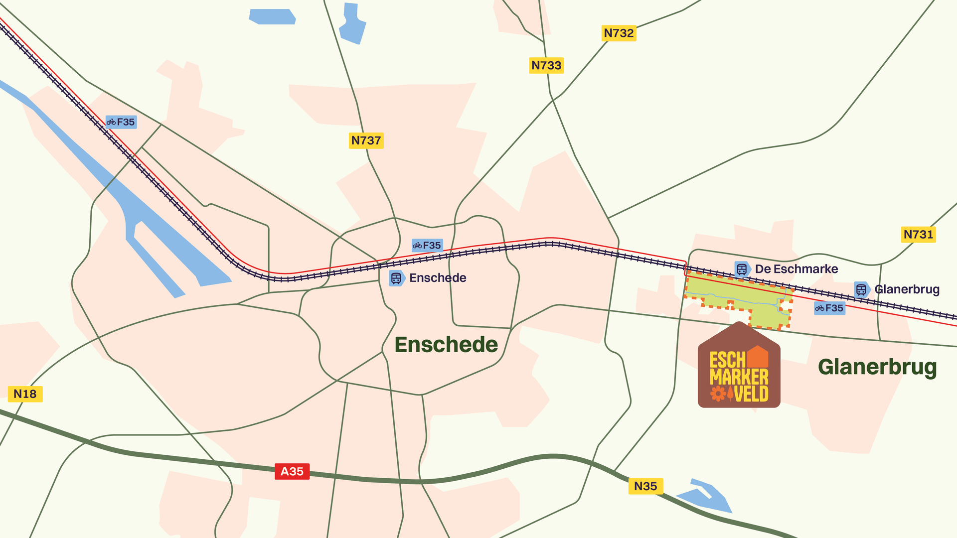 Ligging van de wijk Eschmarkerveld ten opzichte van Enschede en Glanerbrug